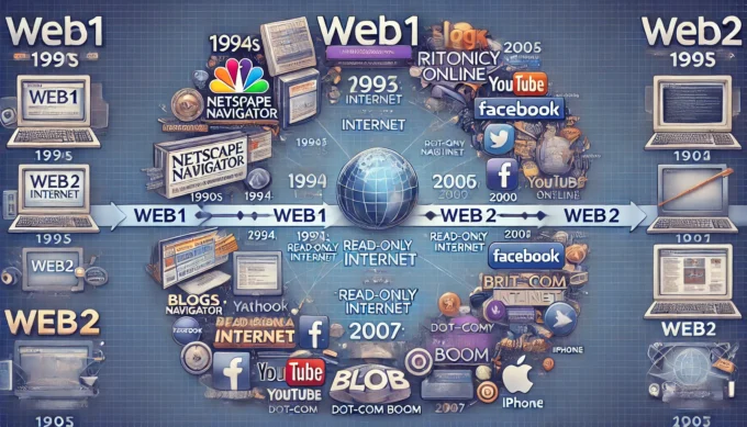 Infographic-style-image-showing-the-transition-from-Web1-to-Web2-with-realistic-data-and-milestones